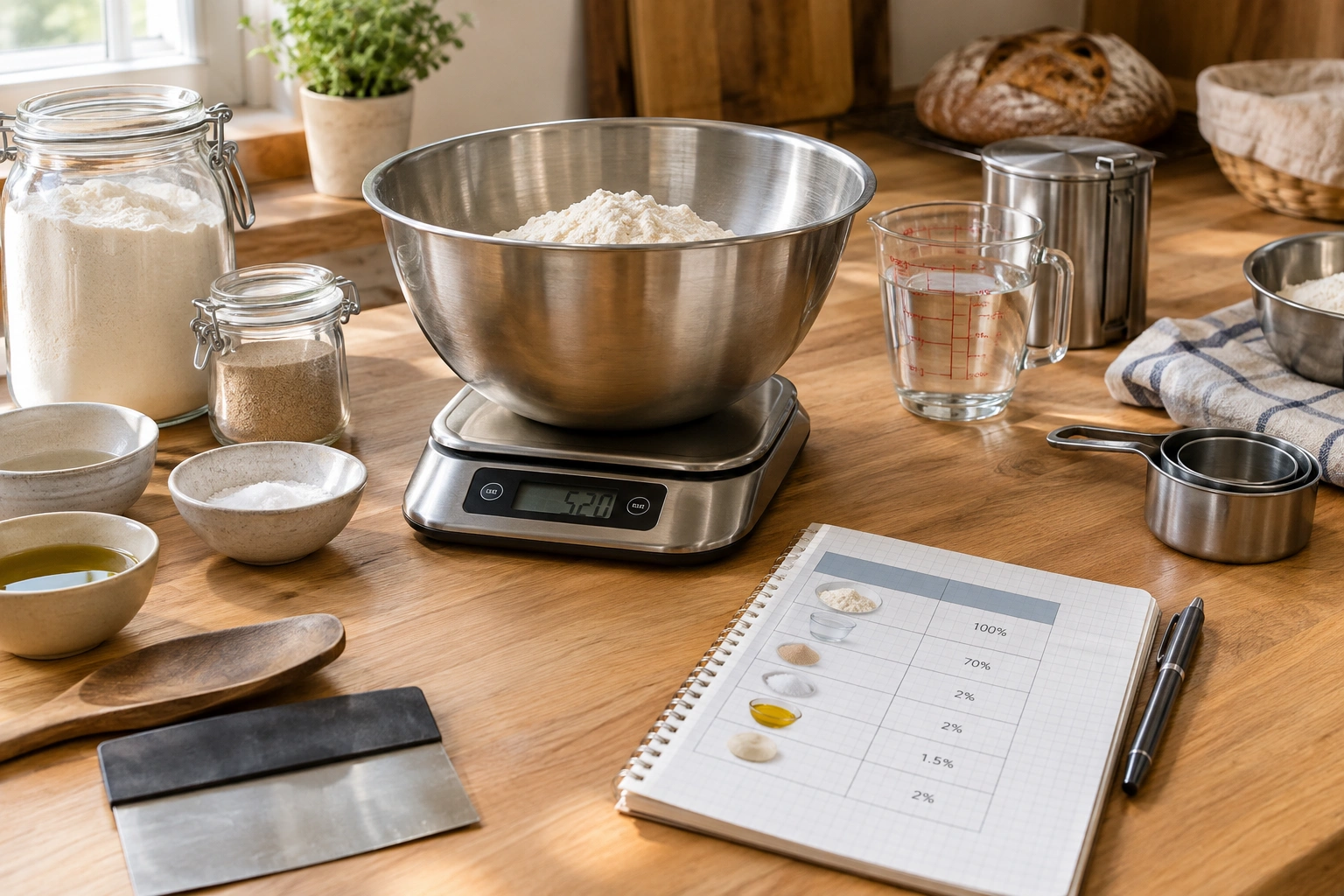 A bread formula written as a neat percentage table beside a digital scale and mixing bowl