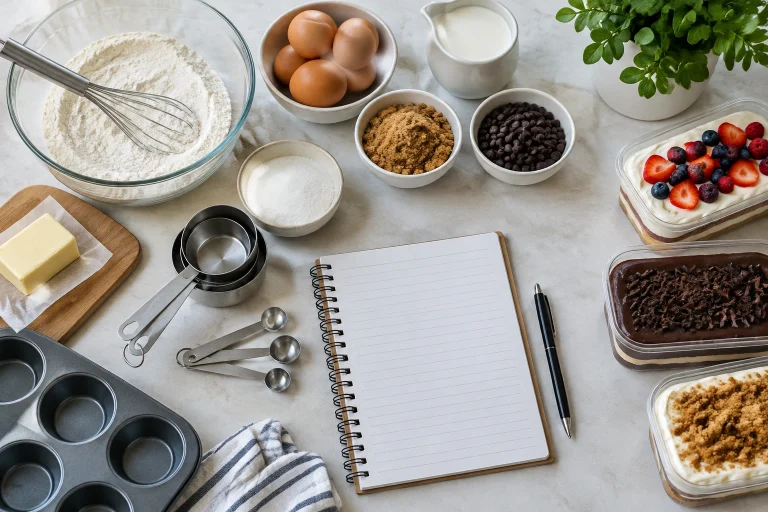 Baking tools and a written party checklist on a kitchen counter