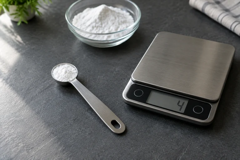 Level teaspoon of baking powder beside a digital kitchen scale reading four grams