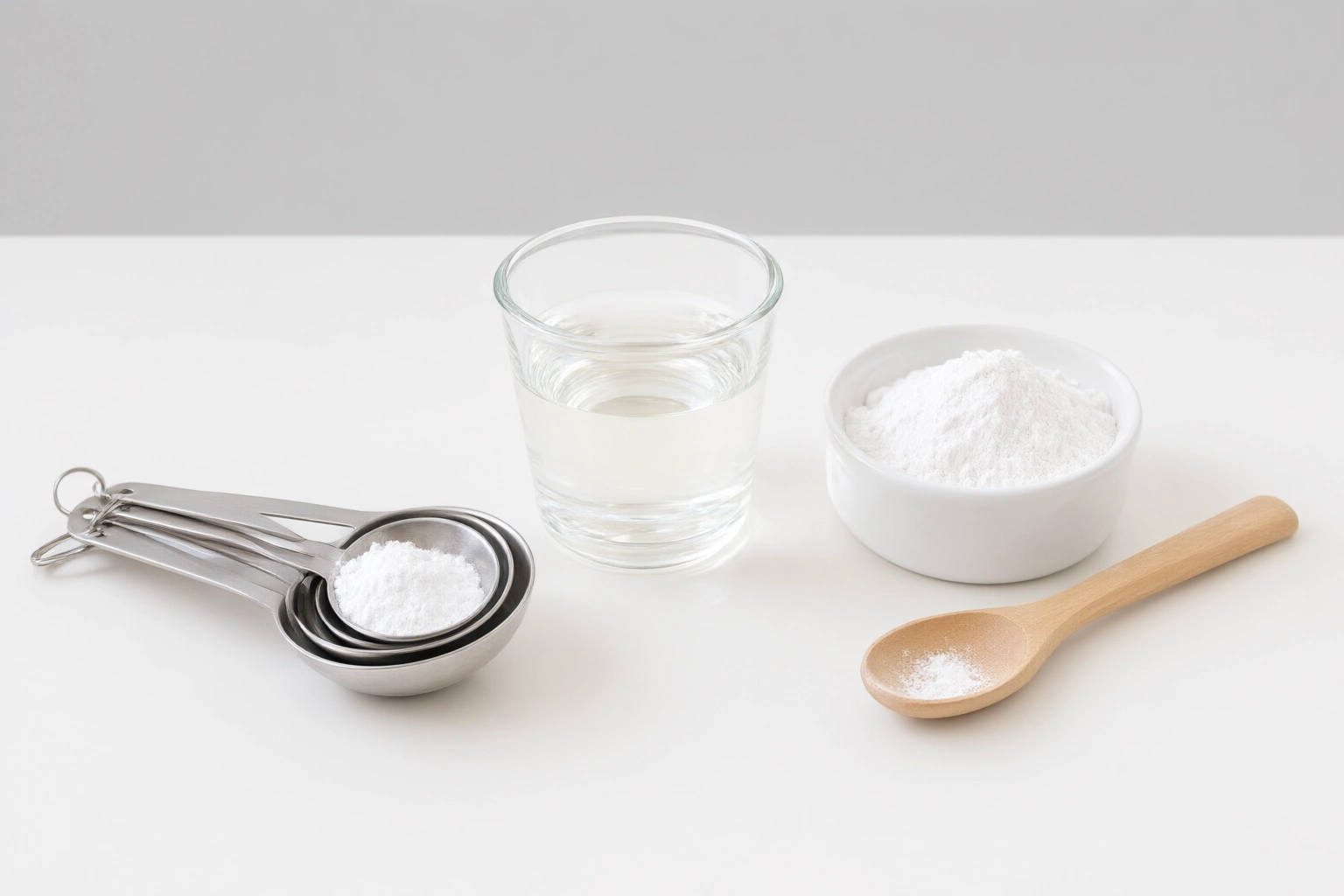 Measuring spoons and small cup for a baking powder vinegar experiment