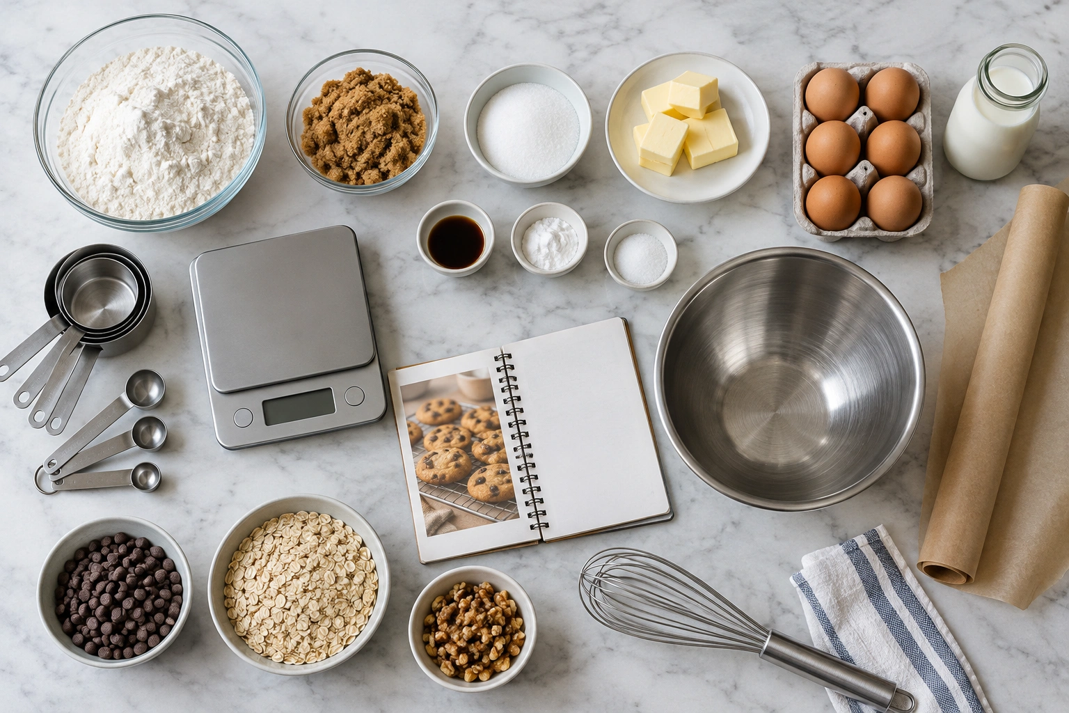 Baking recipe checklist with ingredients, measuring tools, and a notebook on a counter