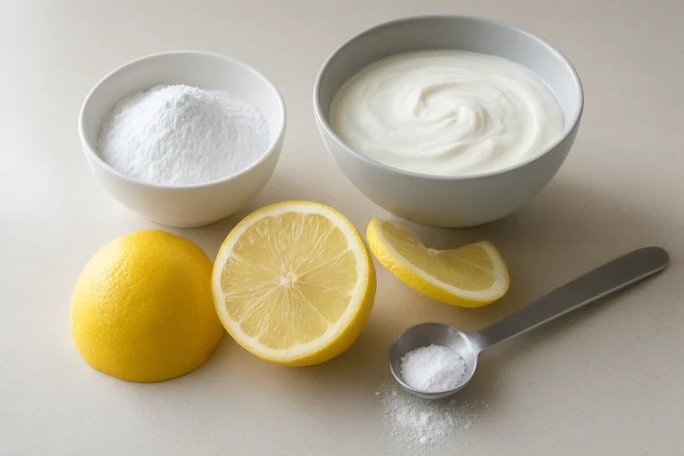 Baking soda and common acidic baking ingredients arranged on a kitchen counter