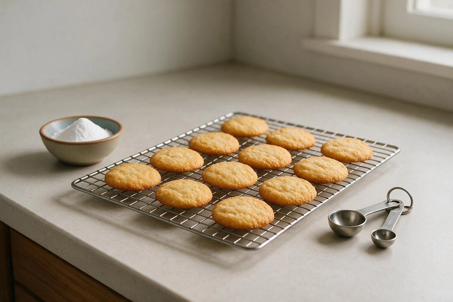 A tray of golden baked cookies beside a small bowl of baking soda