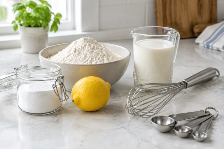 Close-up of baking ingredients and measuring tools on a kitchen counter
