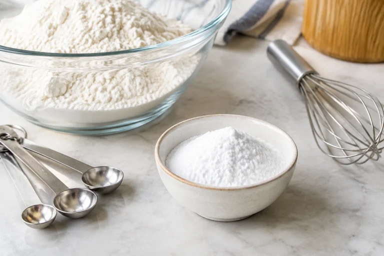 Baking soda and basic baking tools on a kitchen counter