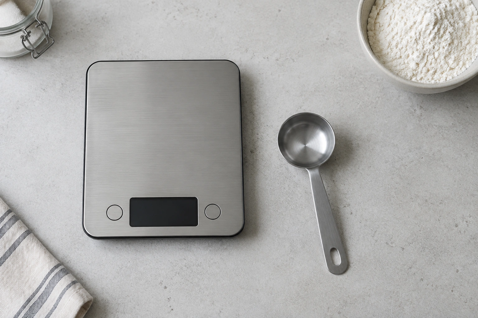 Kitchen scale beside a measuring spoon for baking accuracy