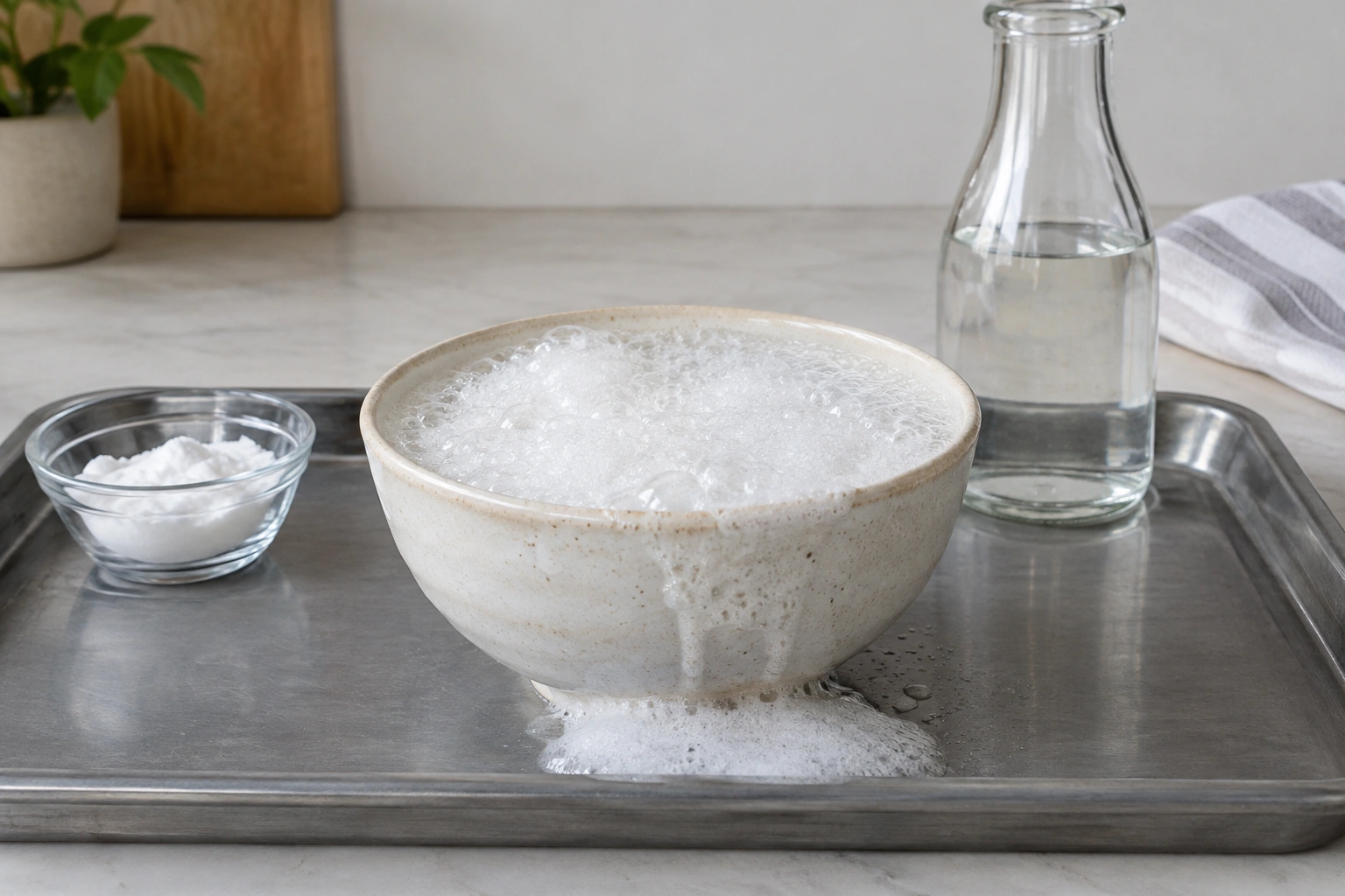 Open bowl with baking soda and vinegar fizzing on a kitchen counter