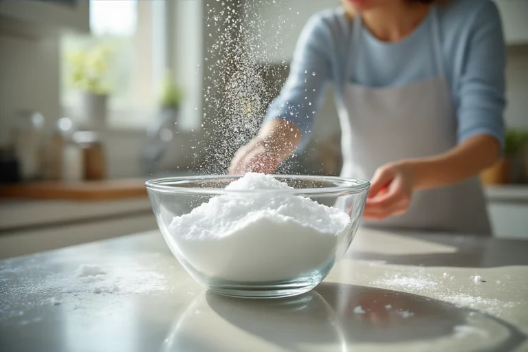 Close-up of baking soda and vinegar fizzing in a bowl