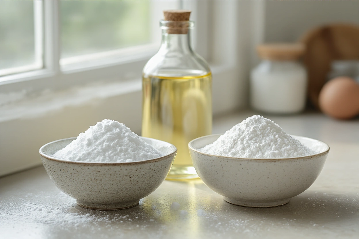 Baking soda, baking powder, and vinegar arranged for a baking comparison