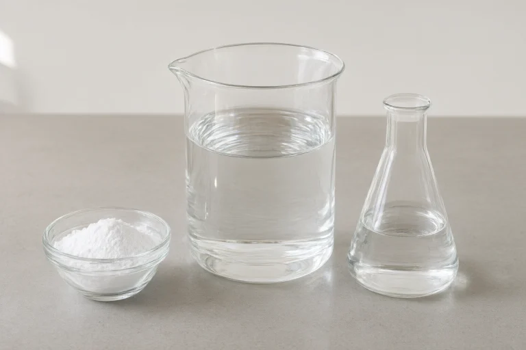 Simple kitchen science setup with baking soda and vinegar in clear containers