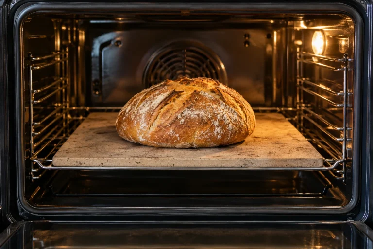 Preheated baking stone in a home oven ready for bread