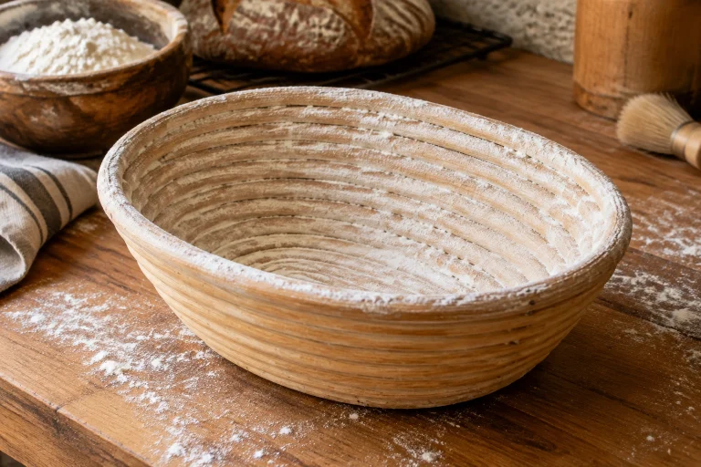Empty banneton proofing basket dusted with flour on a bakery counter
