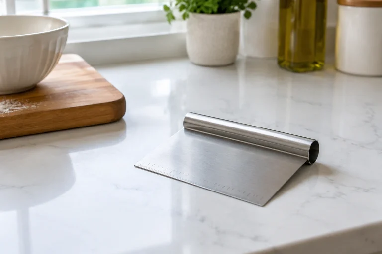 A metal bench scraper on a clean kitchen counter