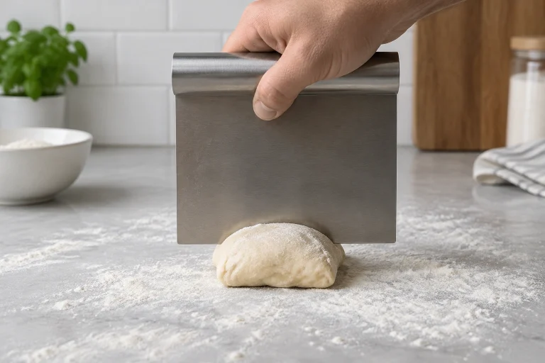 Metal bench scraper held vertically over dough on a floured work surface