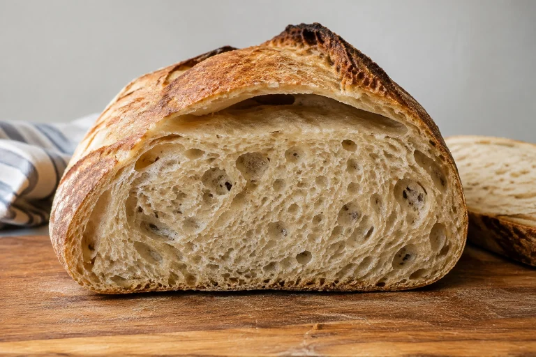 Sliced artisan loaf showing a hollow band under the top crust