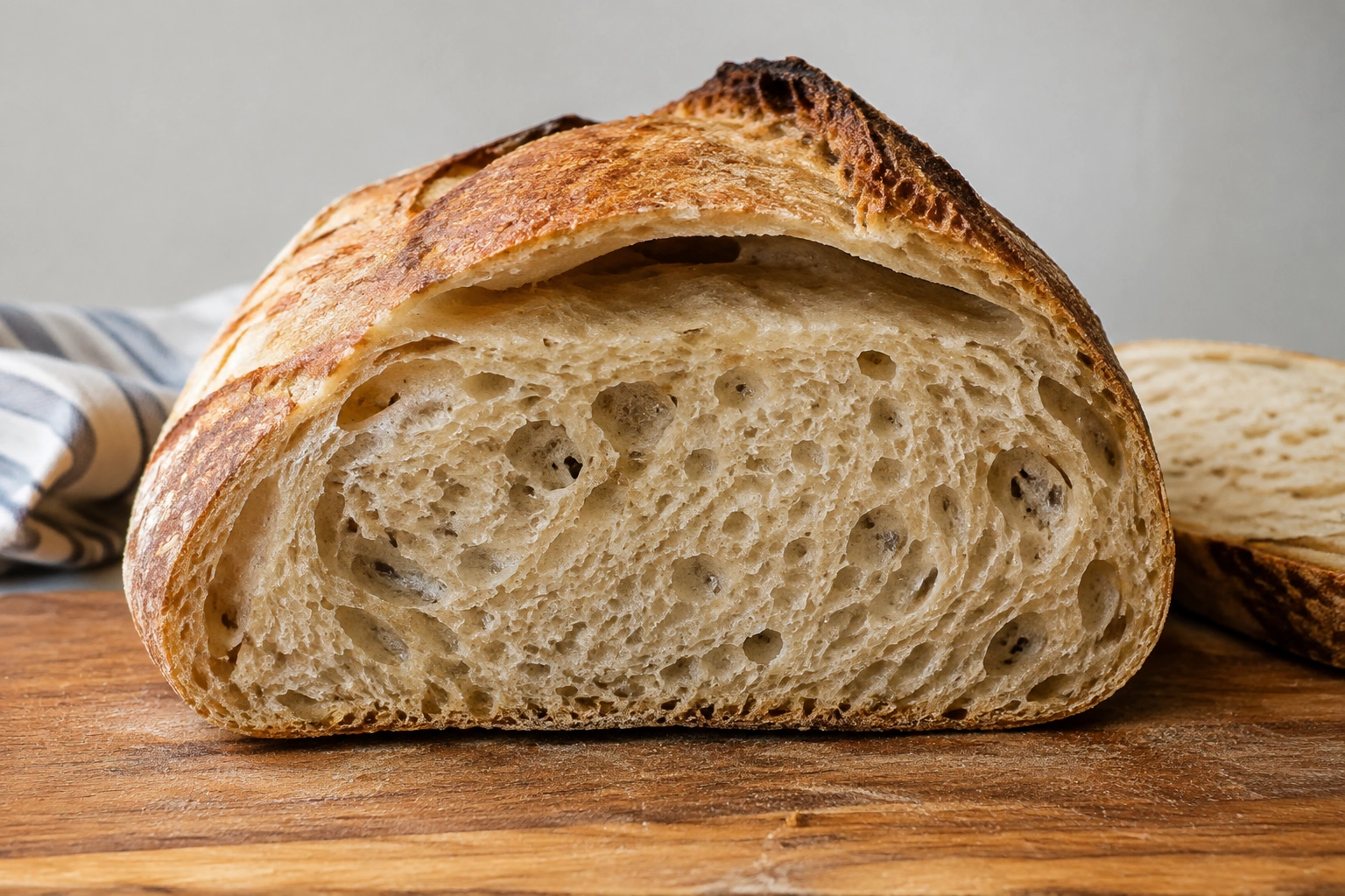 Sliced artisan loaf showing a hollow band under the top crust