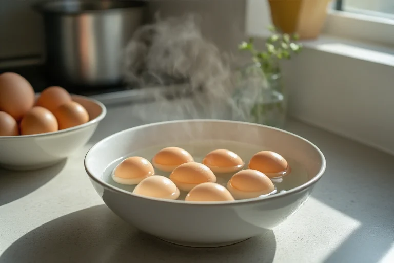 Boiled eggs cooling in an ice bath