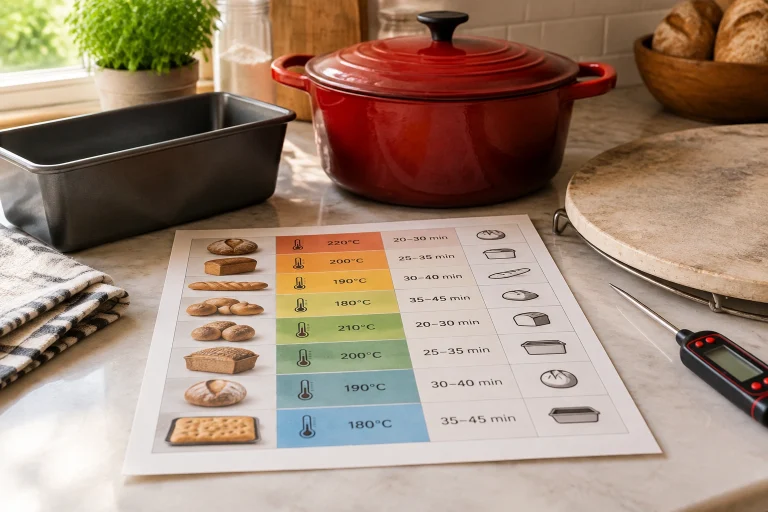 Bread baking temperature chart with loaf types and internal doneness targets