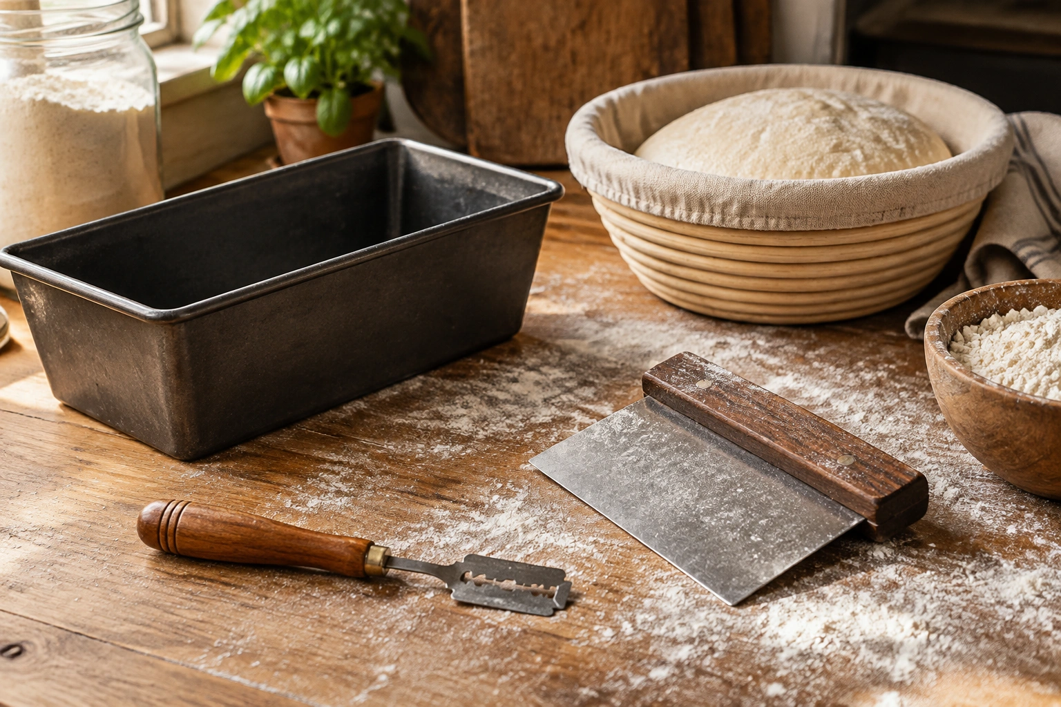 Bread lame, loaf pan, bench scraper, and proofing basket arranged on a work surface