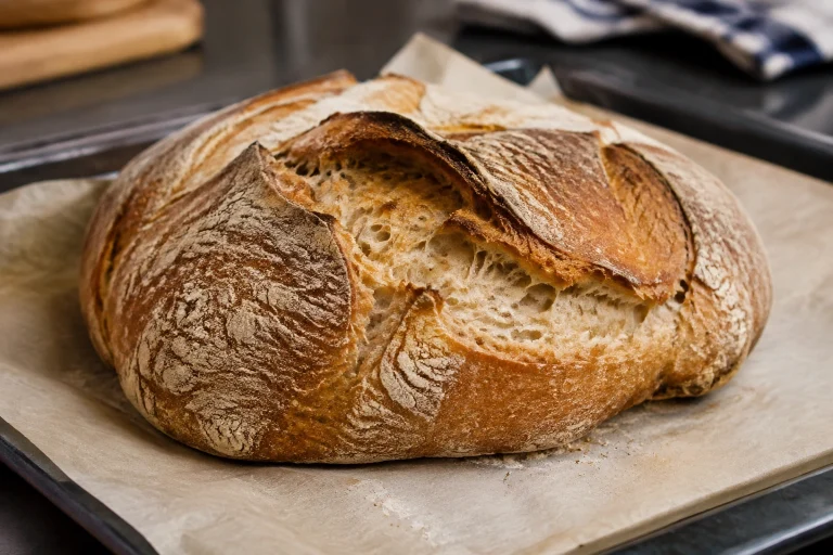 Collapsed artisan bread loaf on a baking tray