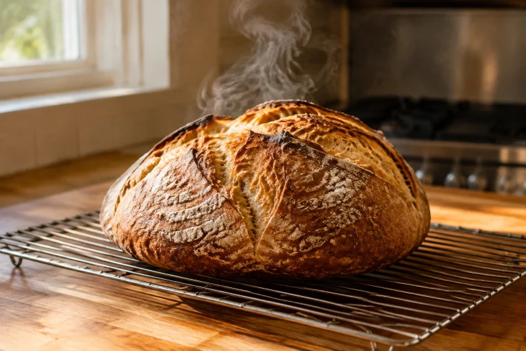 Fresh bread loaf cooling on a wire rack