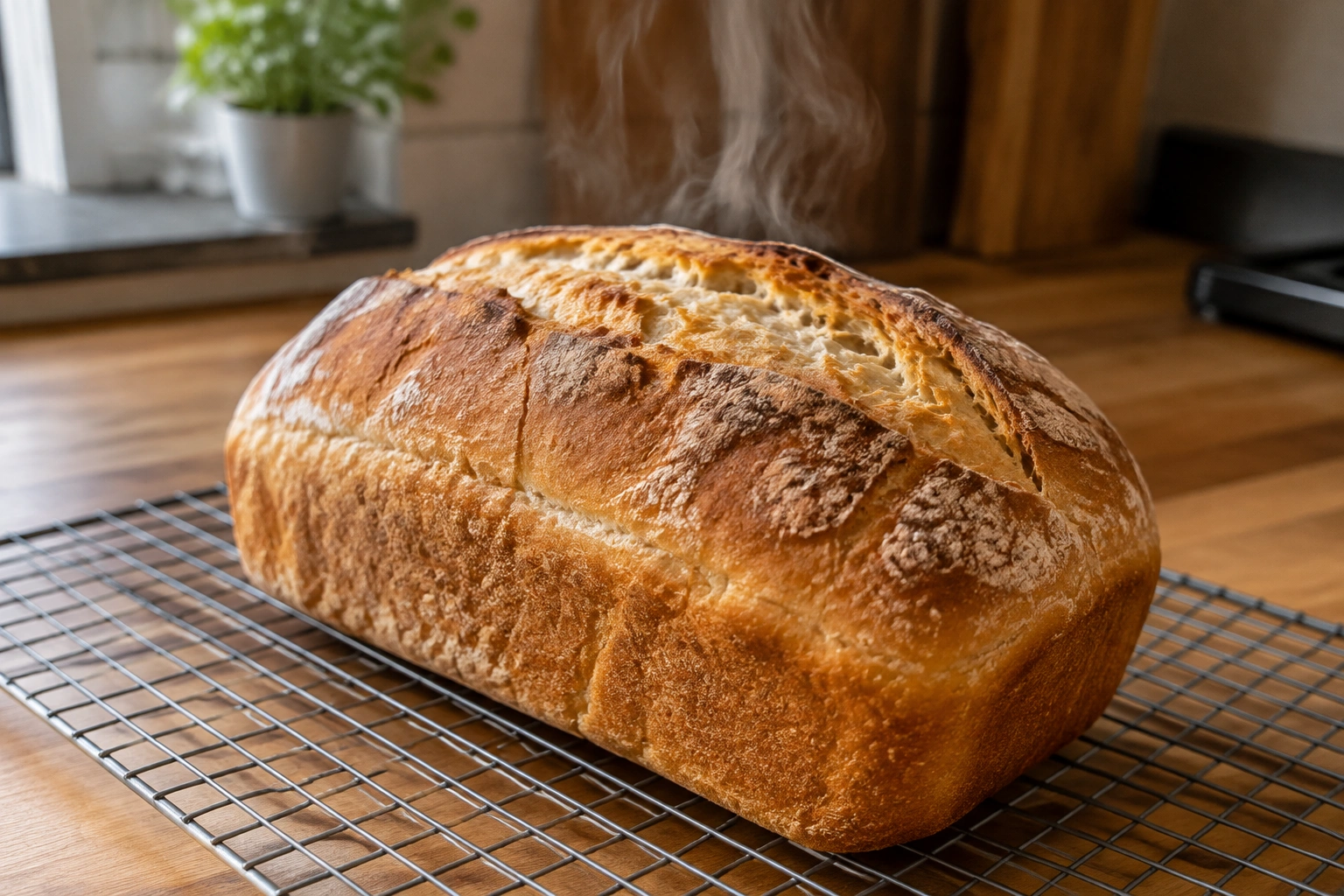 Freshly baked loaf of bread cooling on a wire rack