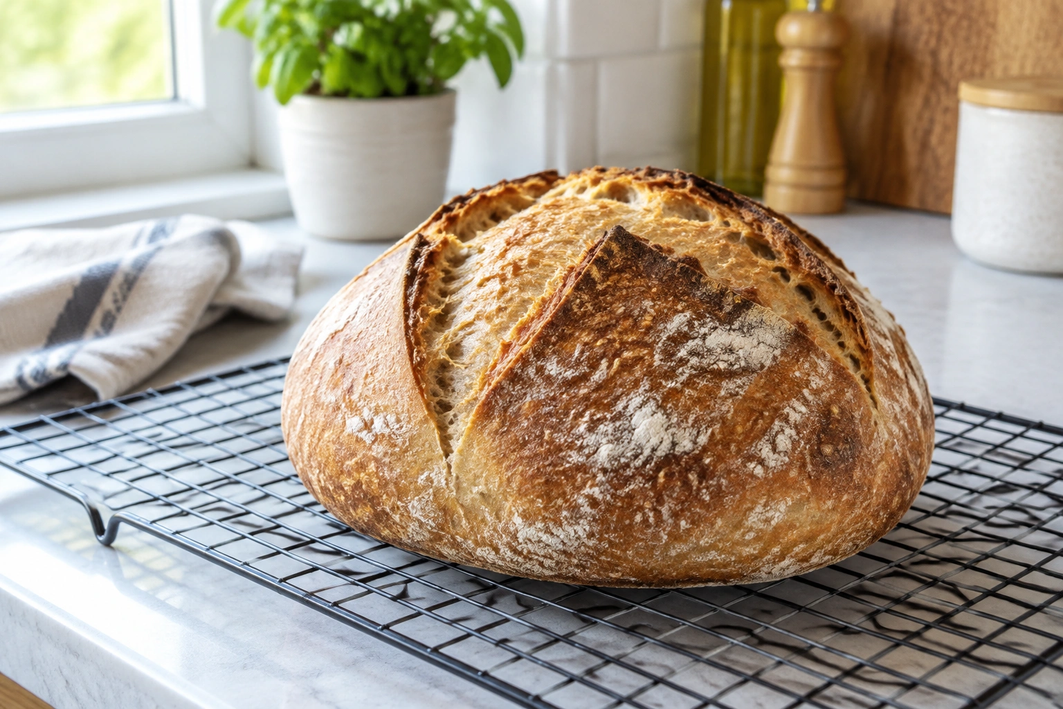 Bread loaf cooling on a wire rack after baking