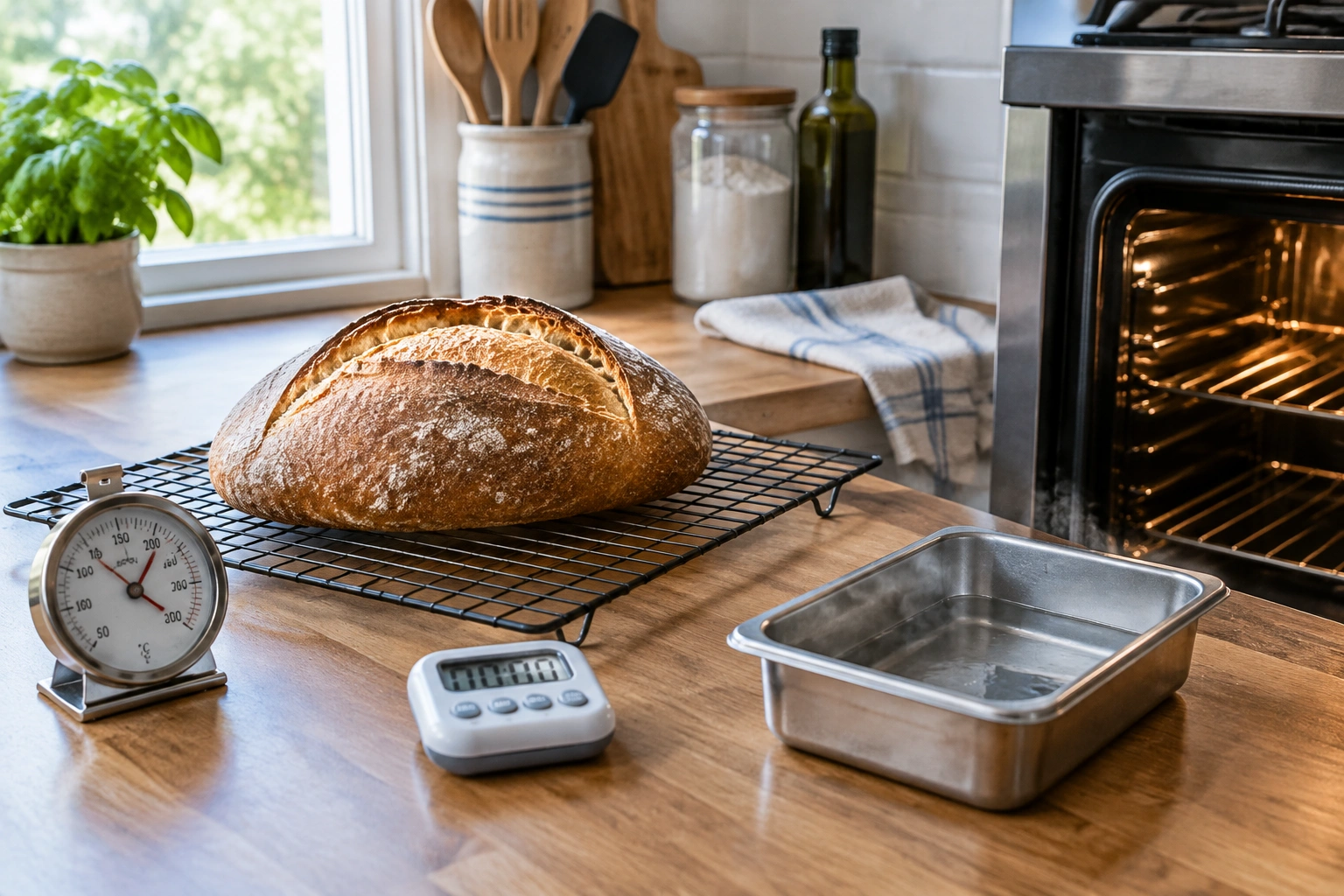 Bread baking tools on a kitchen counter for troubleshooting crust texture