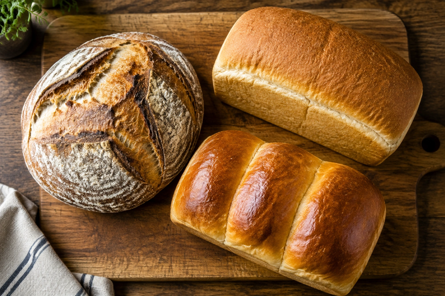Several types of bread showing different crust textures