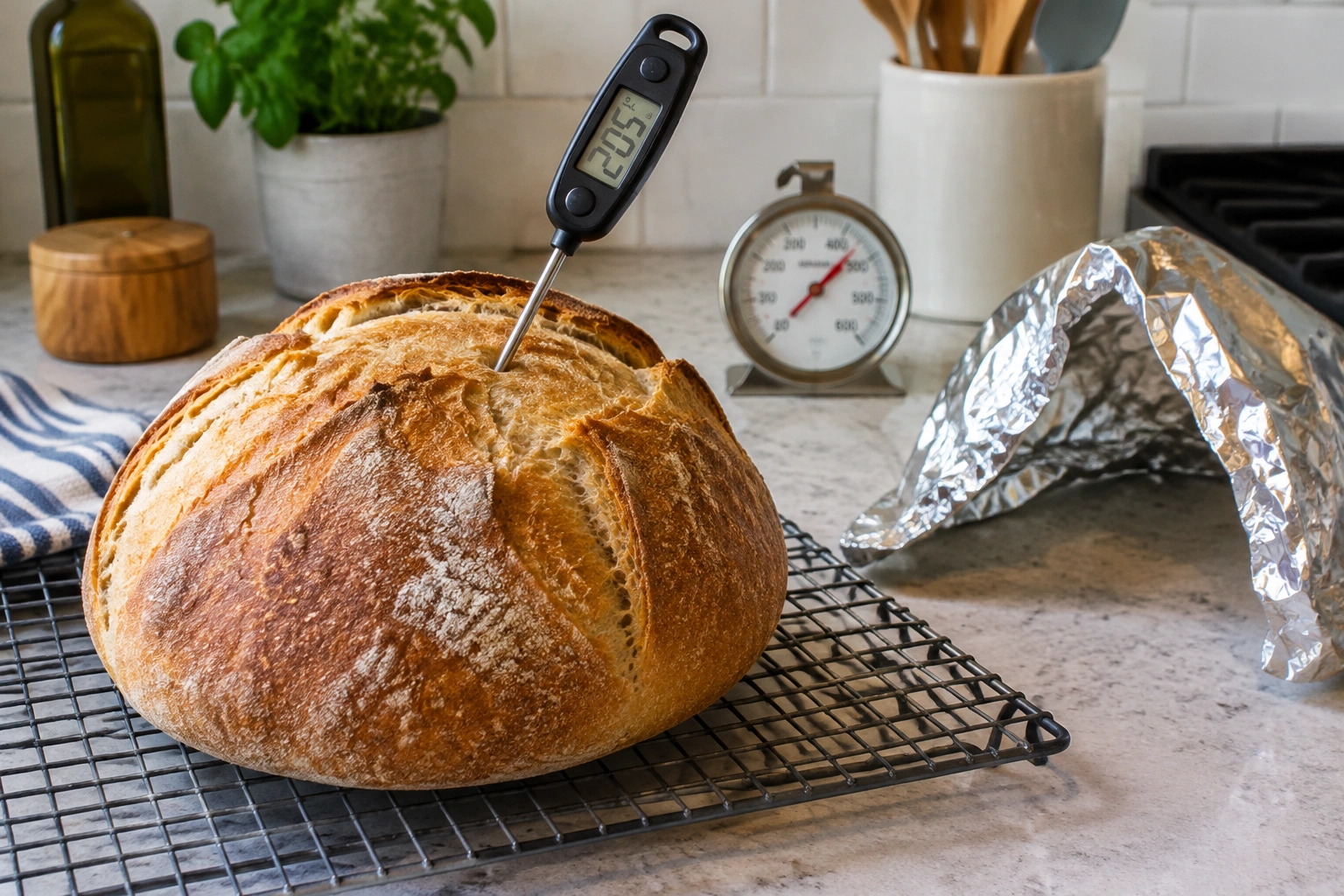 Instant-read thermometer inserted into the center of a loaf of bread beside a foil tent and oven thermometer
