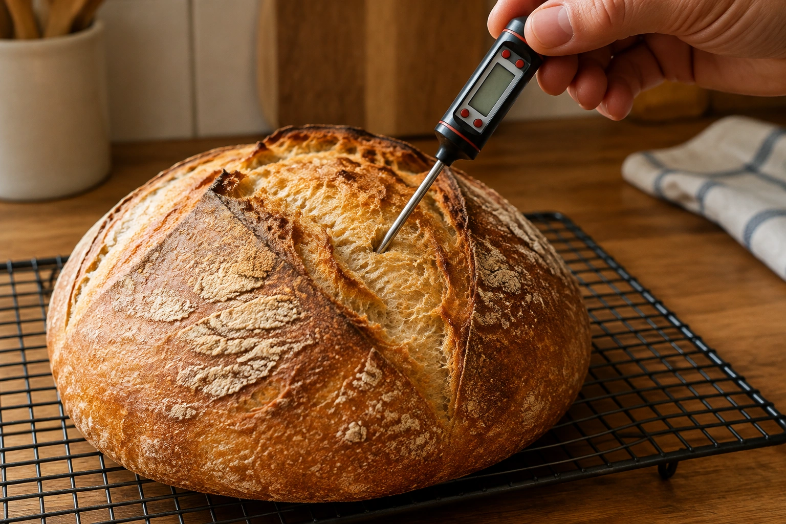 Instant-read thermometer checking the center of a baked loaf
