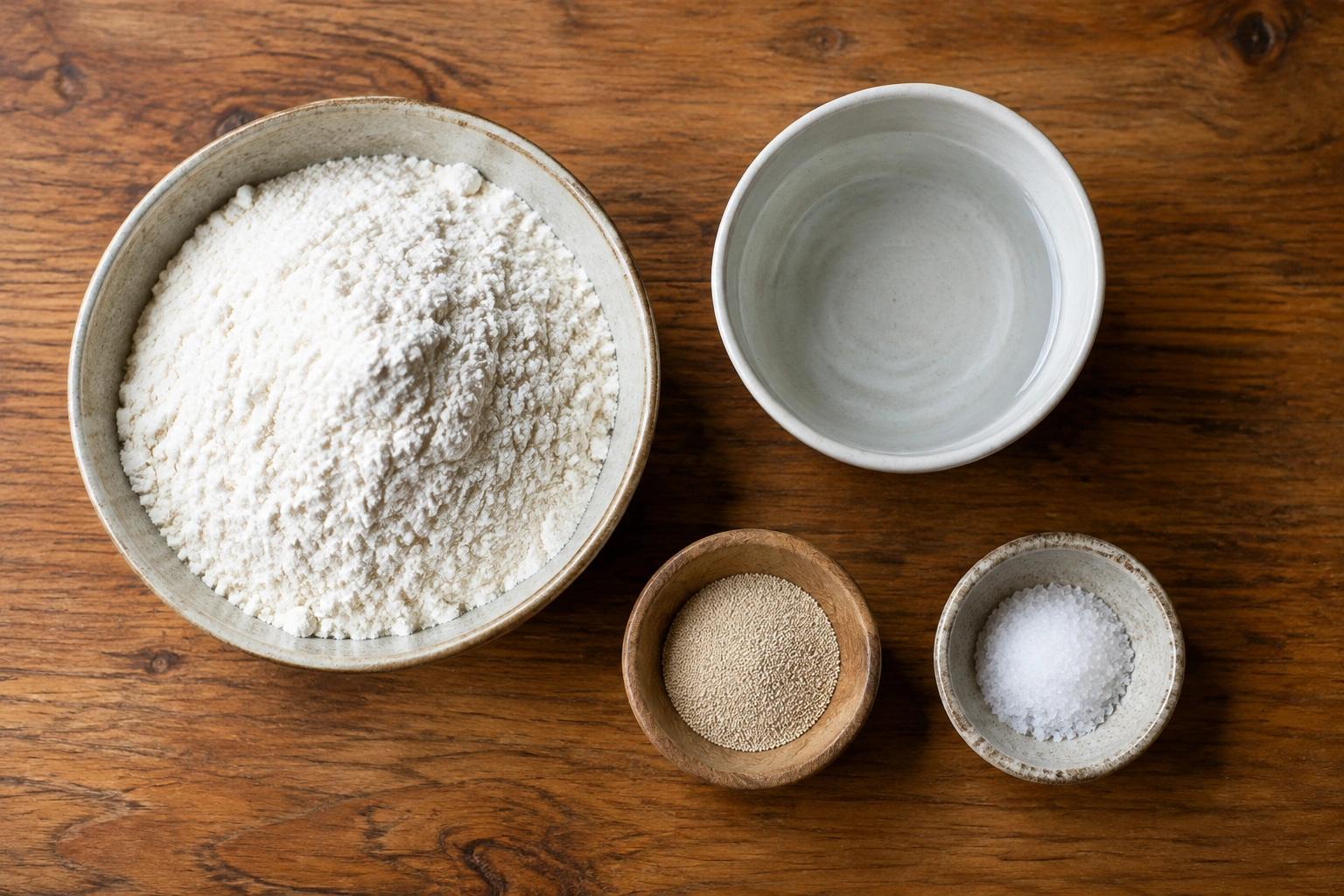 Four bread dough ingredients arranged neatly on a table