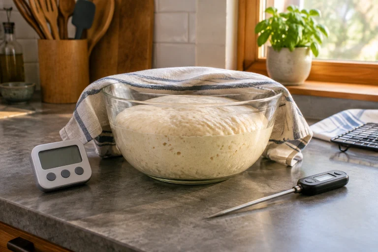 A bowl of bread dough rising during fermentation beside a timer and thermometer