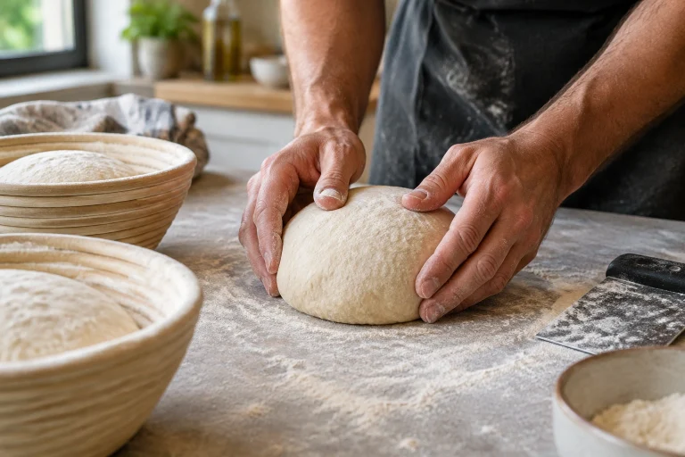 Hands shaping bread dough on a floured work surface beside proofing bowls