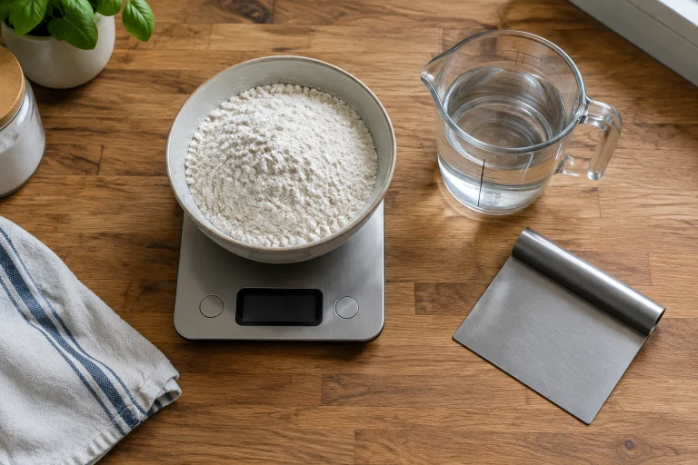 Kitchen scale with flour and water for bread dough hydration