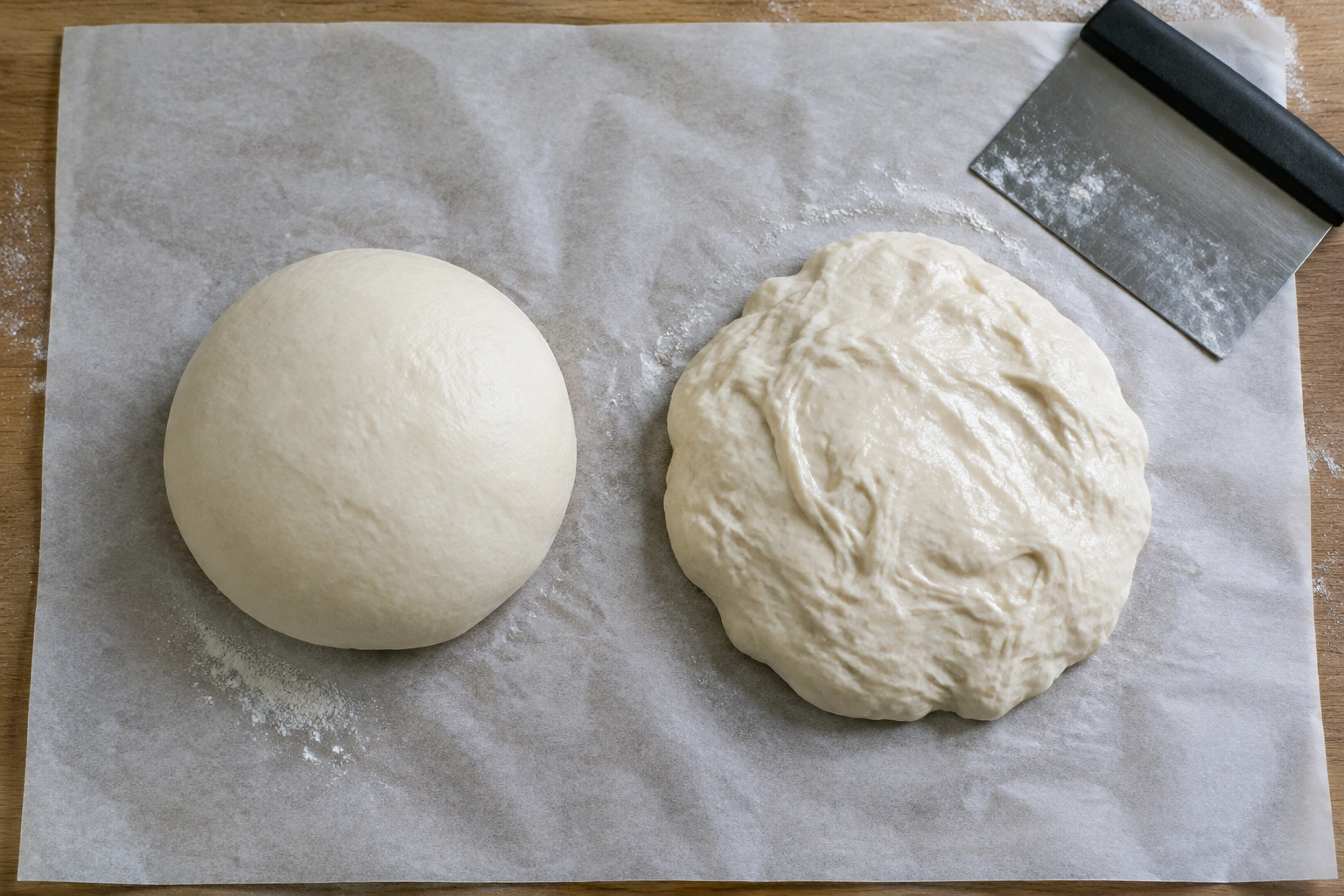 Two bread dough portions with different hydration levels on a counter