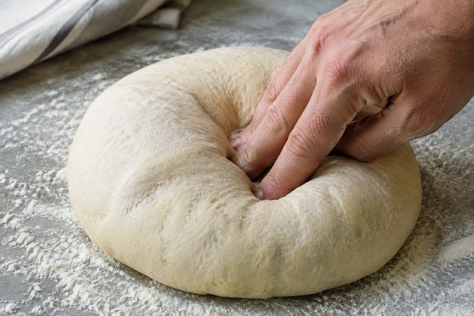 Close-up of bread dough being gently poked to test proofing