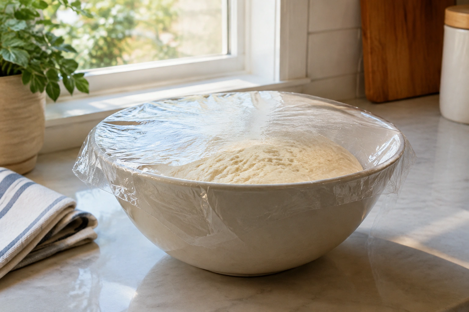 Covered bowl of bread dough resting on a counter near a warm window