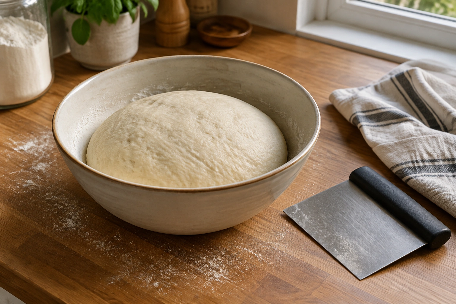 Bread dough resting beside a bench scraper and mixer bowl