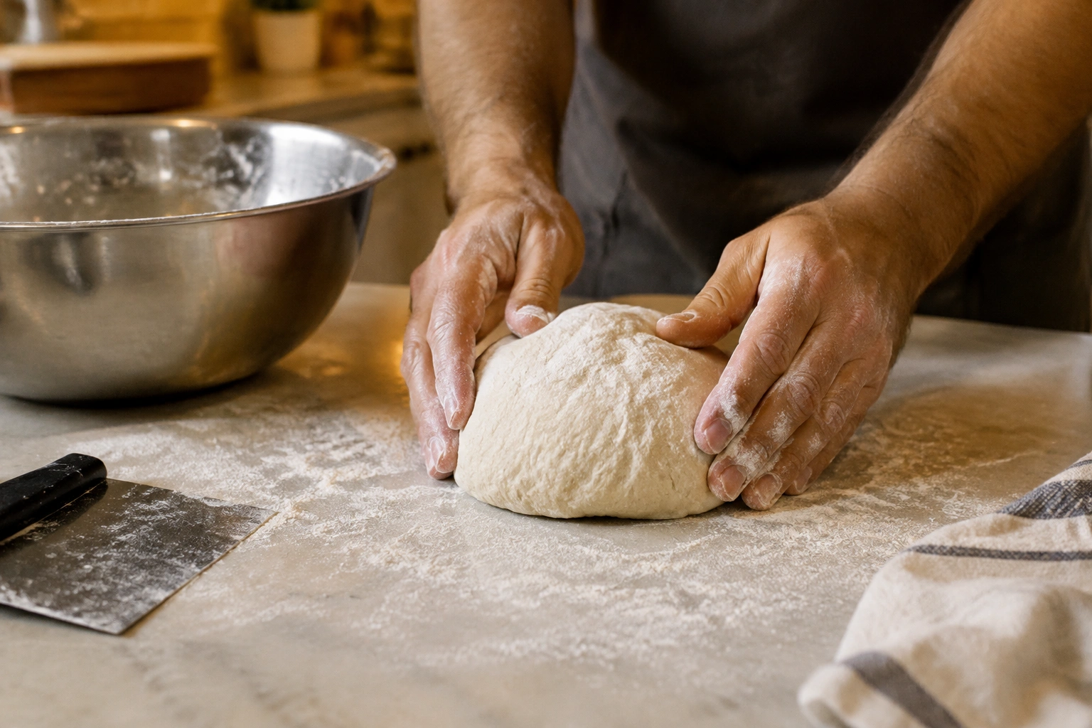 Hands shaping bread dough on a floured countertop