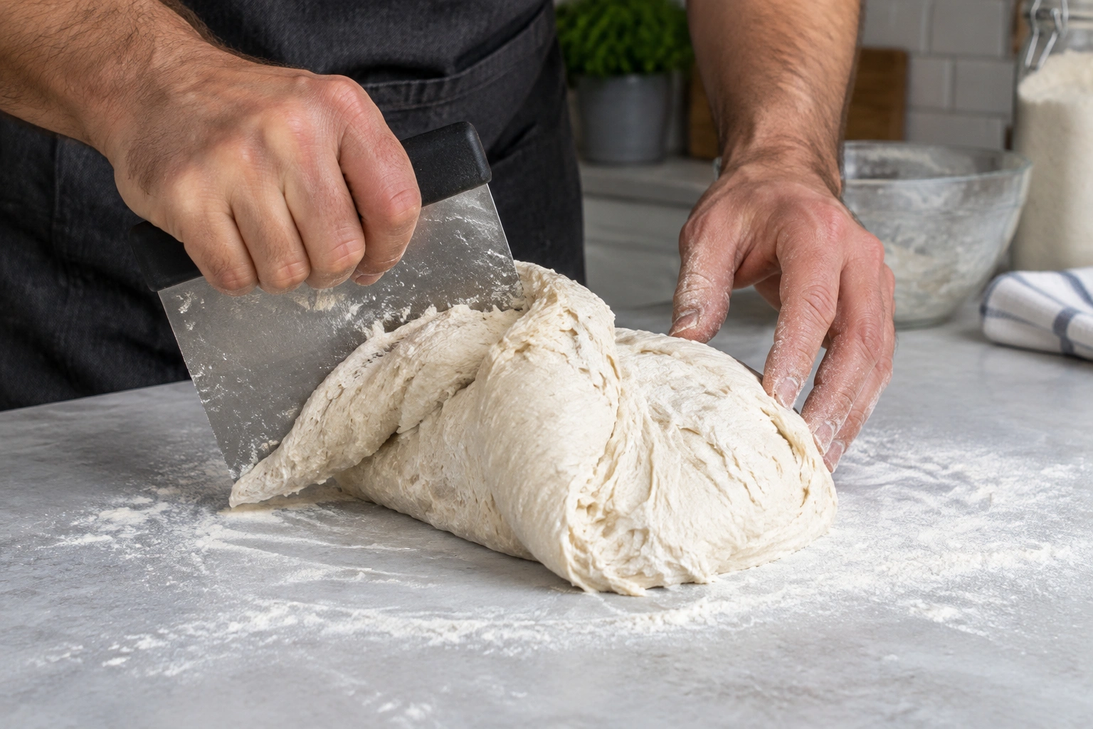 Hands using a bench scraper to fold sticky bread dough on a lightly floured counter