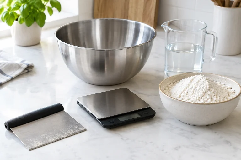 Bench scraper beside flour, water, and mixing bowl for bread dough troubleshooting