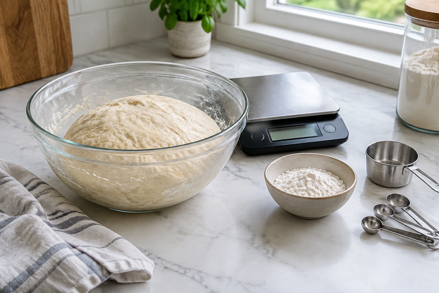 Bread dough on a counter beside a scale and flour