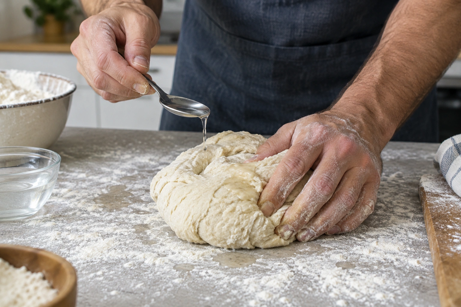 Hands kneading bread dough while adding a small amount of water