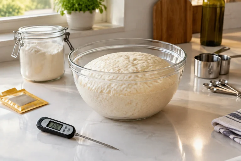 Bowl of bread dough beside a thermometer and yeast packet