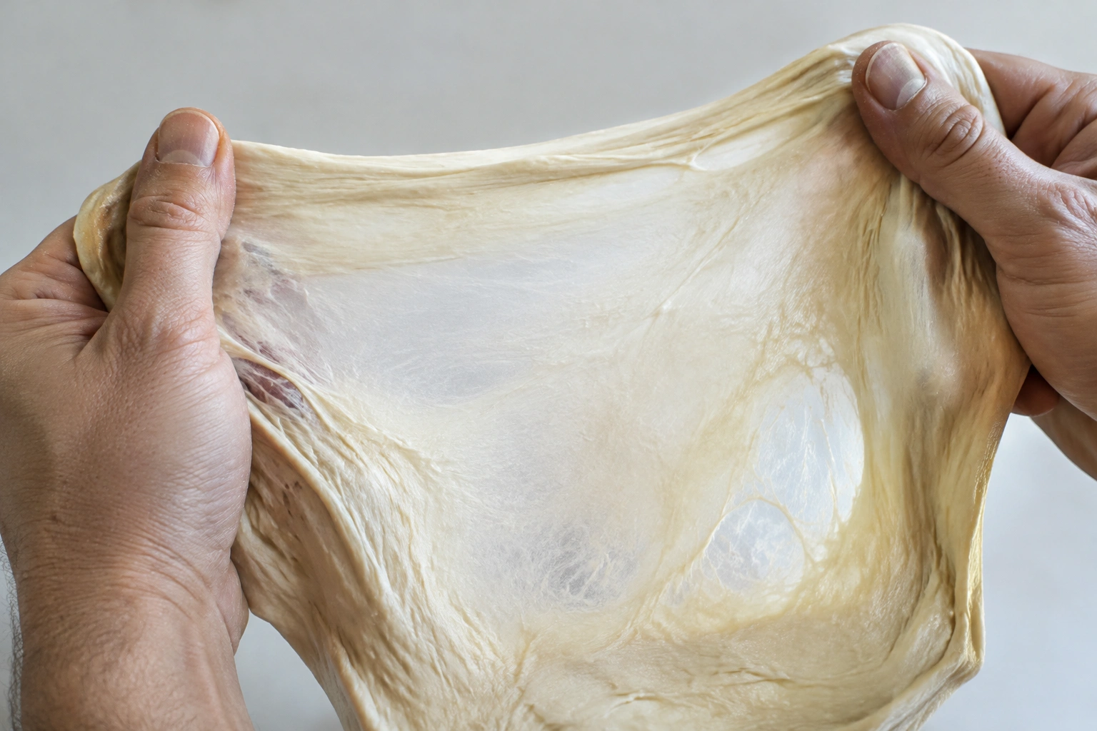Elastic bread dough stretched thin to show the windowpane test
