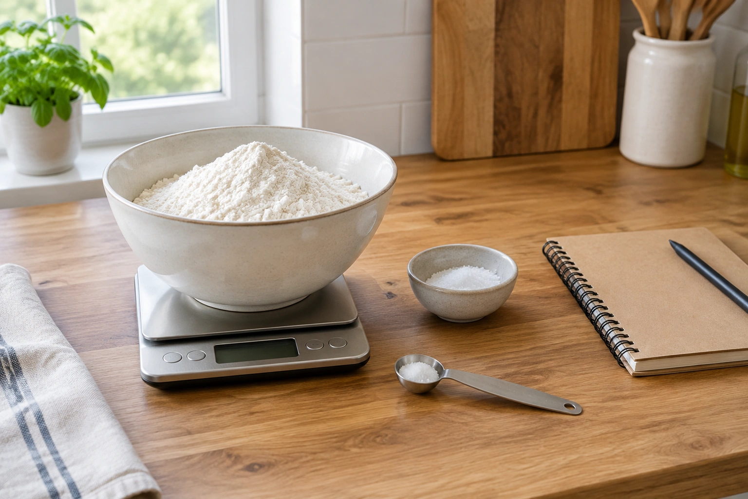 Digital scale, flour, salt, and notebook on a kitchen counter