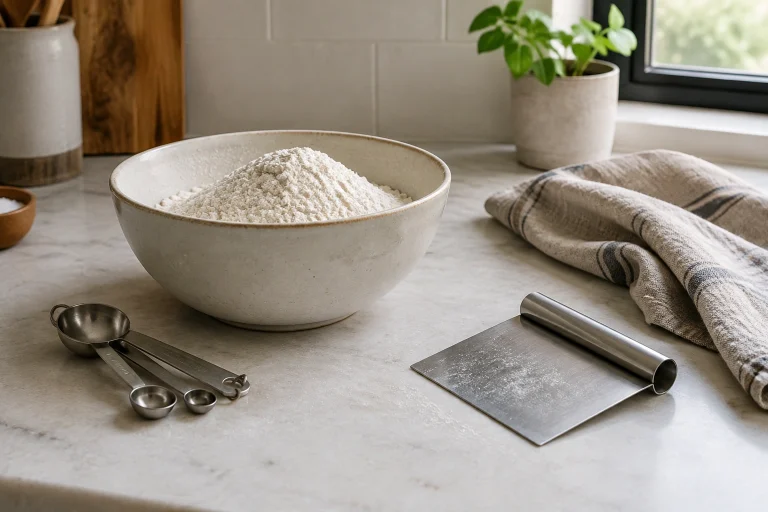 Baking bowl with flour and tools on a counter