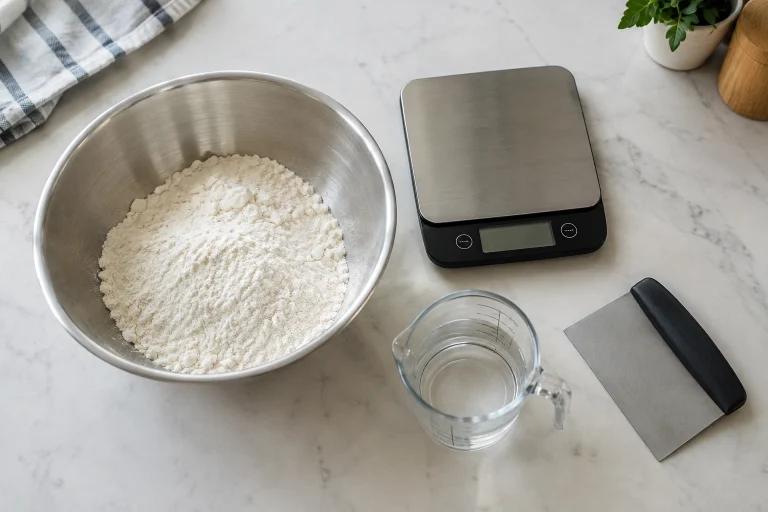 Bowl with bread flour, scale, and measuring water for a dough hydration test