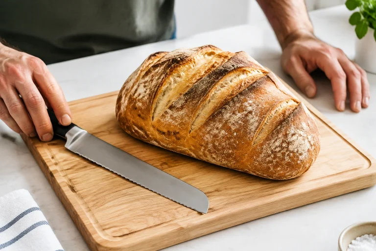 Bread loaf on a clean cutting board under bright light